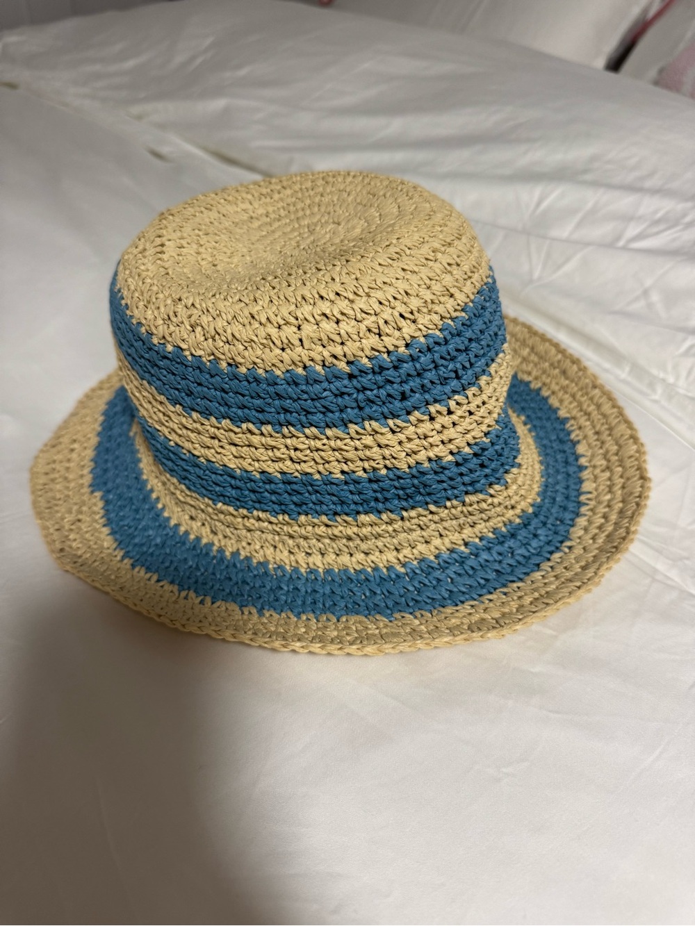H&M Blue and Cream Striped Straw Bucket Hat